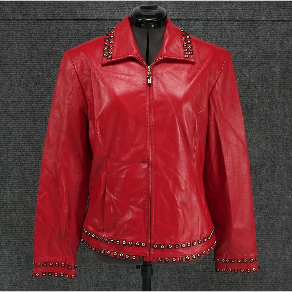 VTG St John Sport x Marie Gray Leather Designer Moto Jacket size M Lipstick Red